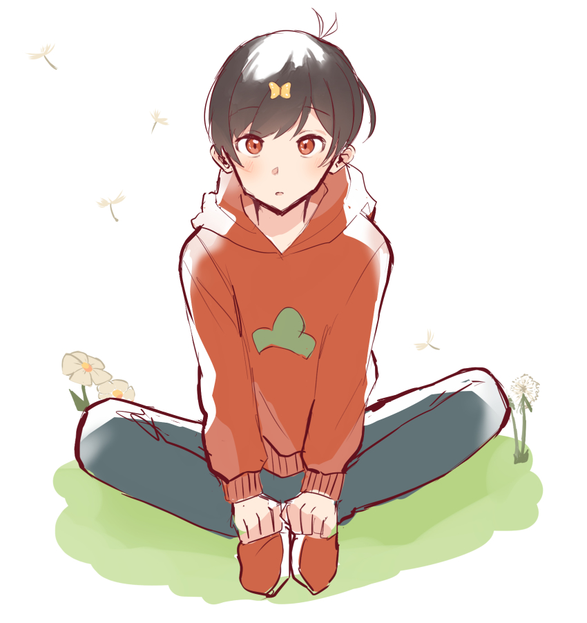 1boy, black_hair, blue_pants, blush, butterfly_sitting, commentary_request, doodle, flower