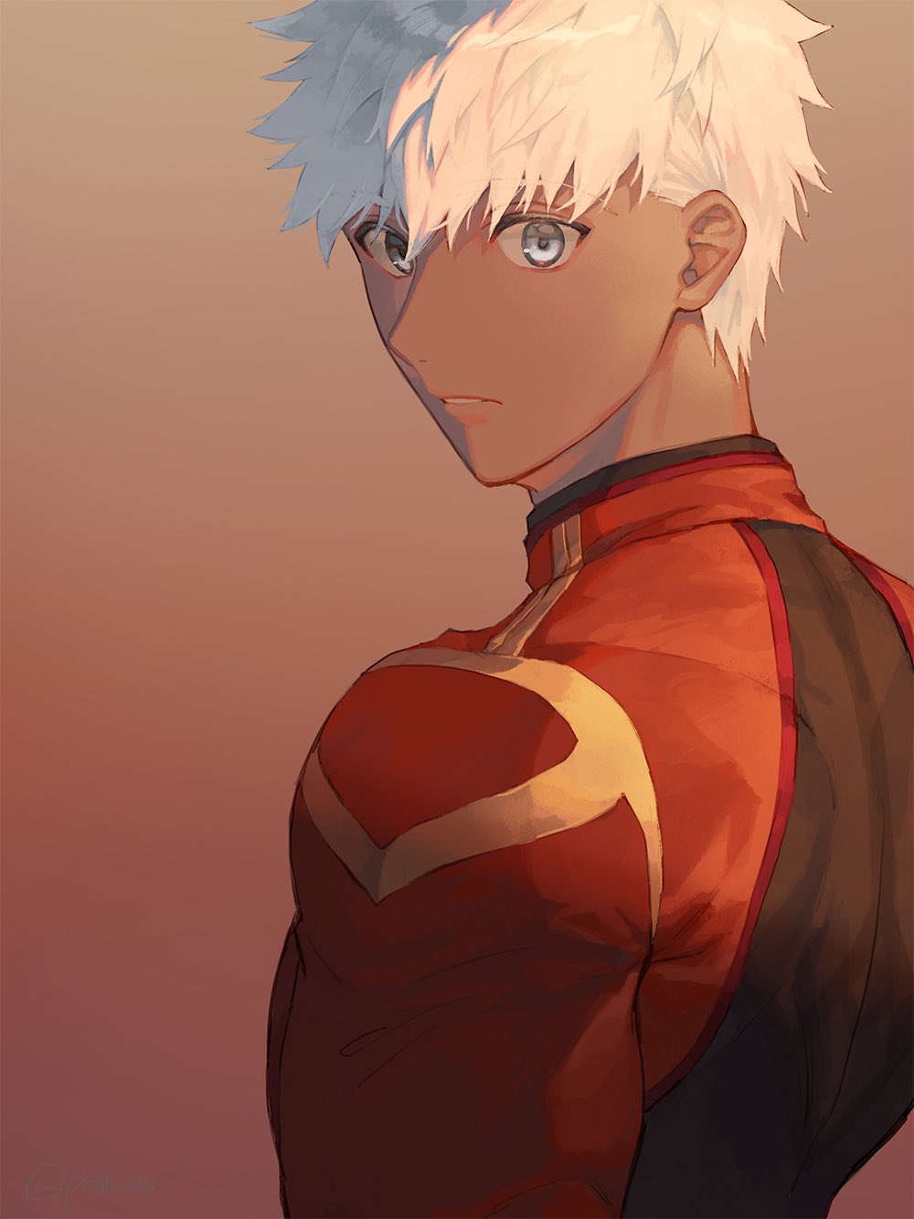 1boy, archer_(fate), archer_(third_ascension)_(fate), commentary_request, dark-skinned_male, dark_skin, fate_(series), gradient_background, grey_eyes, highres, hikaru_(asteriskring), looking_at_viewer, looking_back, making-of_available, male_focus, parted_lips, short_hair, solo, upper_body, white_hair
