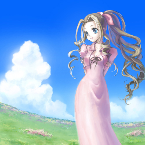 1990s_(style), 1girl, aerith_gainsborough, bad_id, bad_pixiv_id, blue_eyes, bow, brown_hair