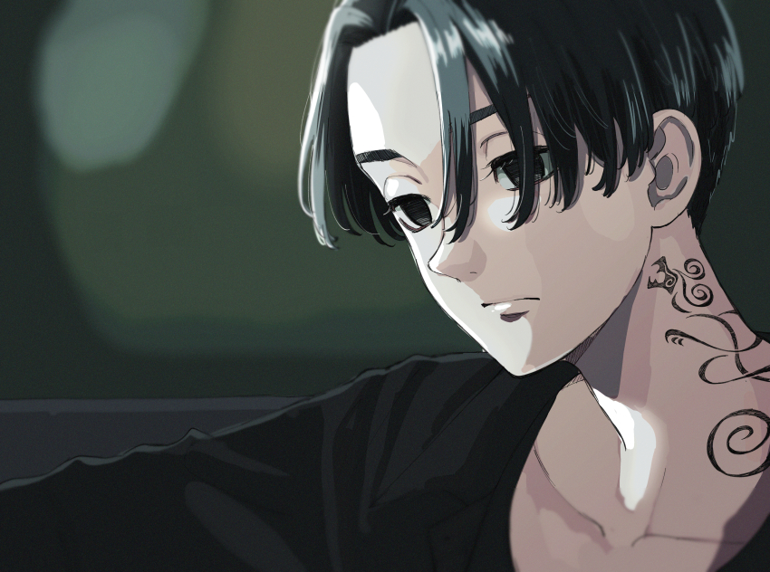 1boy, absurdres, black_eyes, black_hair, black_shirt, closed_mouth, collarbone, empty_eyes