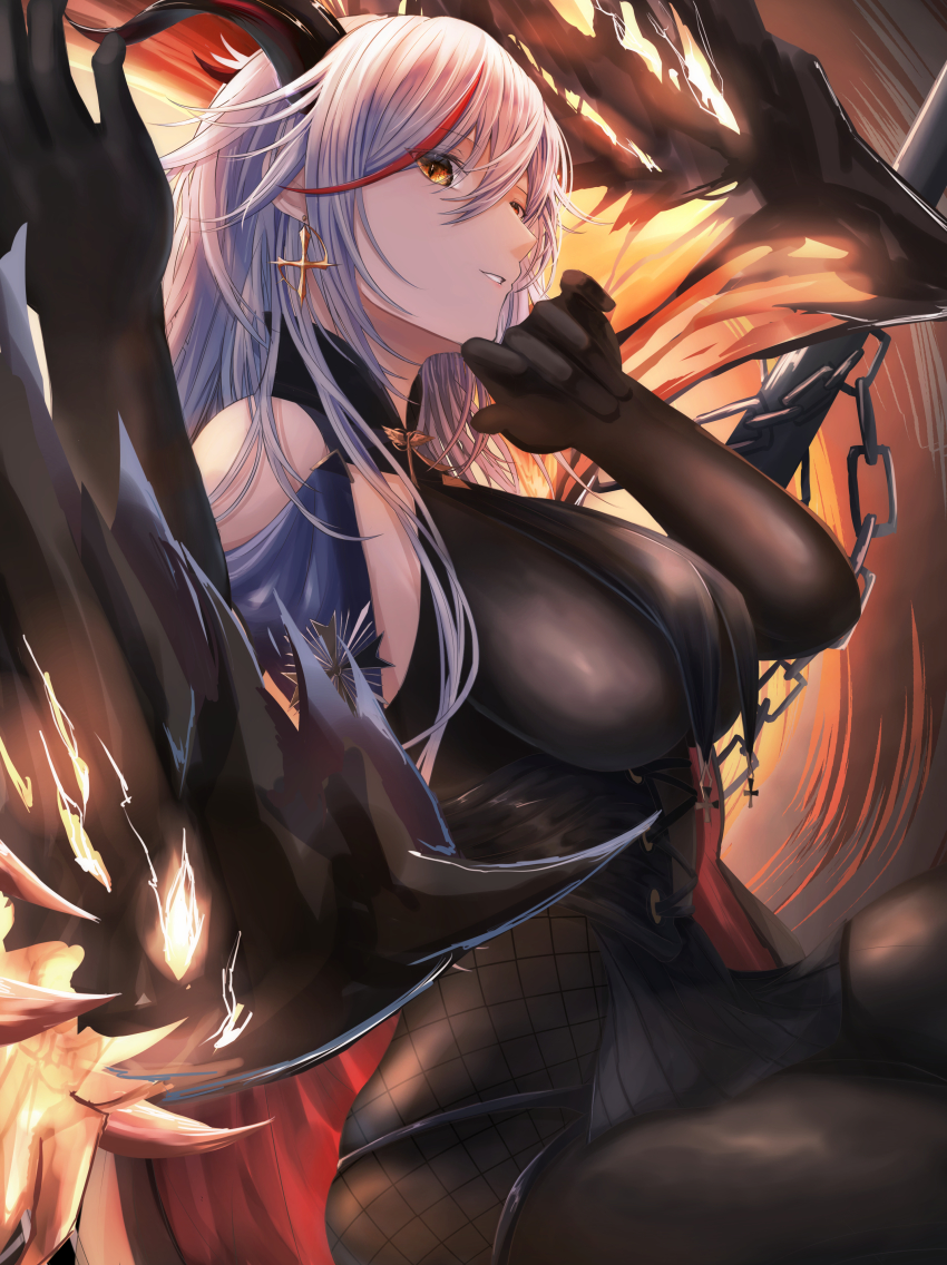 1girl, absurdres, aegir_(azur_lane), azur_lane, bare_shoulders, black_cape, black_gloves, black_legwear