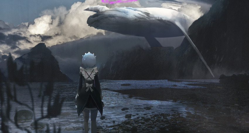 1girl, absurdres, animal, black_dress, blue_eyes, blue_hair, blue_sky, bow