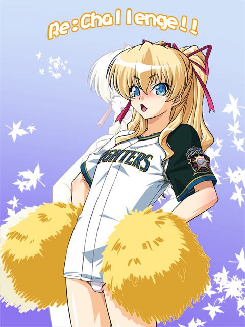 1girl, baseball_uniform, blonde_hair, blue_eyes, bow, cheerleader, clothes_writing, emina&amp;aki
