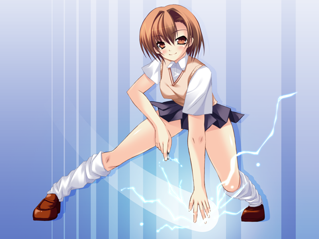 00s, 1girl, brown_eyes, brown_hair, coin, electricity, electrokinesis, female_focus