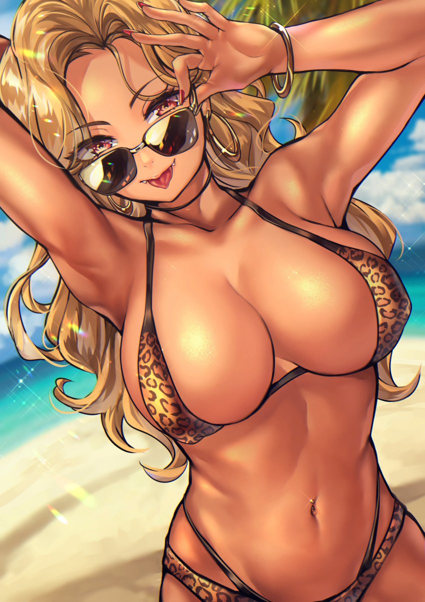 1girl, absurdres, animal_print, armpits, beach, bikini, blonde_hair, bracelet, breasts, brown-tinted_eyewear, choker, cleavage, collarbone, dark-skinned_female, dark_skin, day, earrings, eyes_visible_through_hair, fangs, gyaru, hair_ornament, highres, hoop_earrings, jewelry, kinjyou_(shashaki), large_breasts, leopard_print, leopard_print_bikini, long_hair, looking_at_viewer, micro_bikini, multi-strapped_bikini, navel, navel_piercing, ocean, original, outdoors, piercing, print_bikini, sand, shashaki, smile, solo, sunglasses, swimsuit, tinted_eyewear, tongue, tongue_out, water