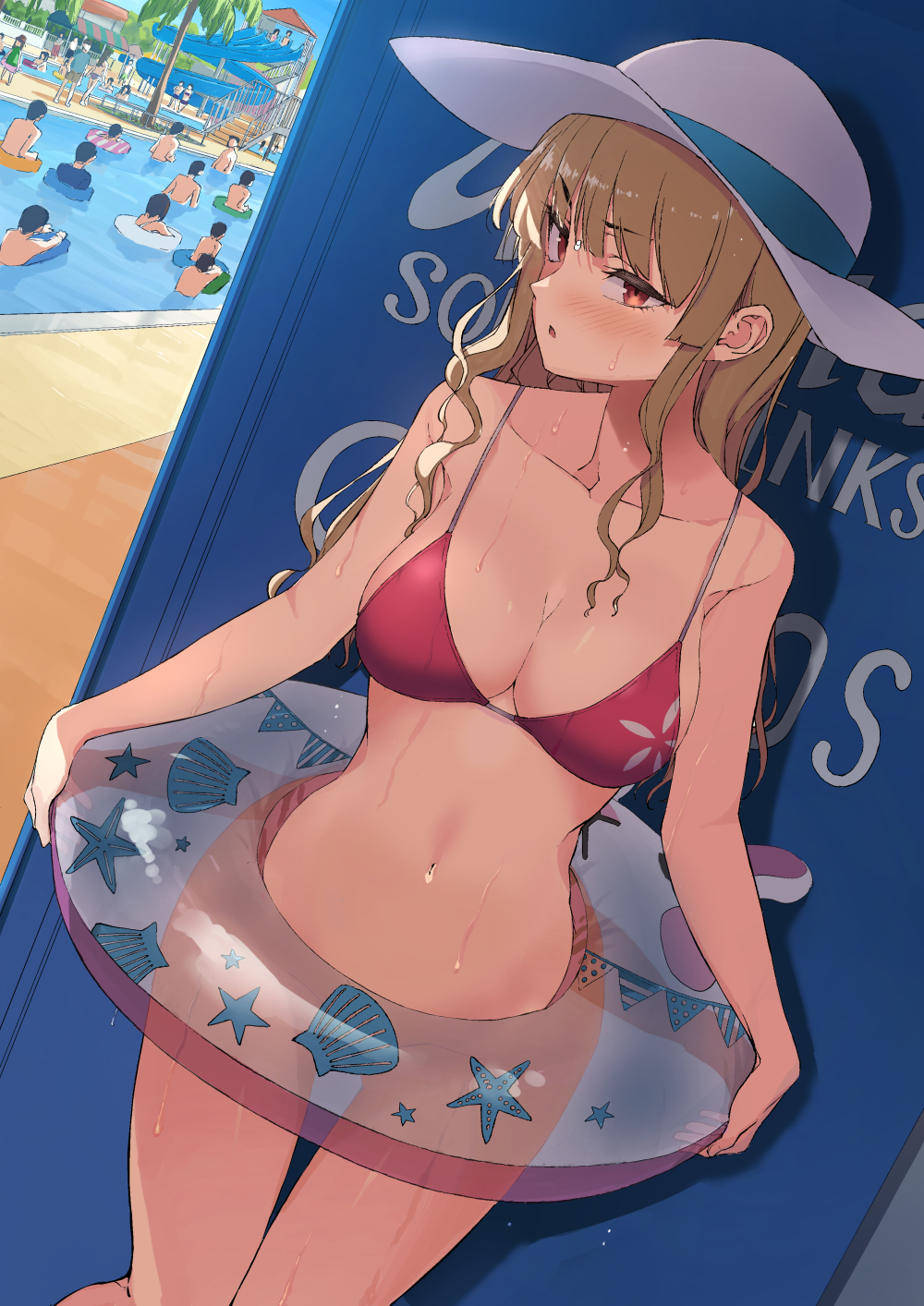 1girl, bikini, bikini_top_only, blonde_hair, blue_background, blue_sky, blush, bottomless