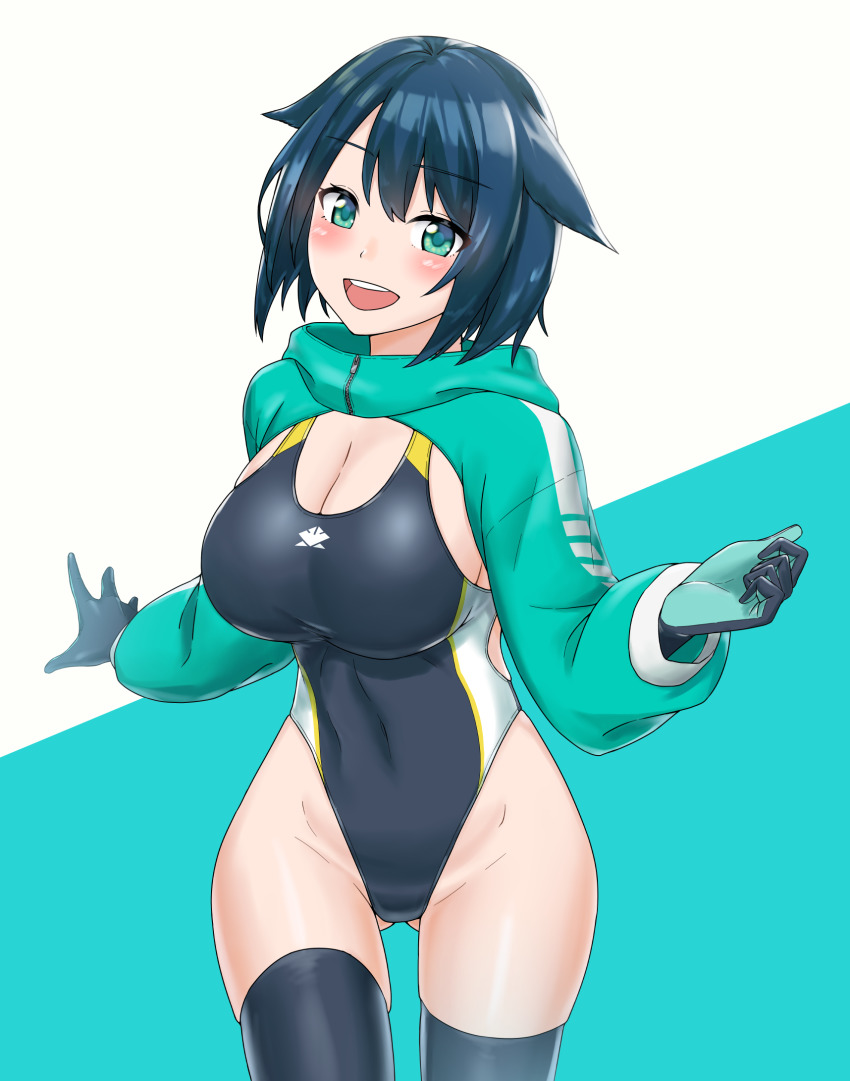 1girl, aqua_shrug, black_gloves, black_one-piece_swimsuit, black_thighhighs, breasts, cleavage, commentary_request