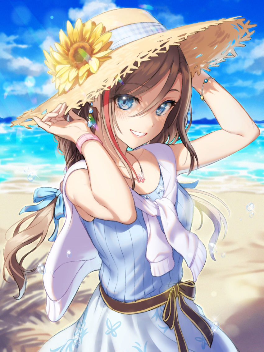 1girl, beach, blue_eyes, bracelet, brown_hair, dress, flower, grin