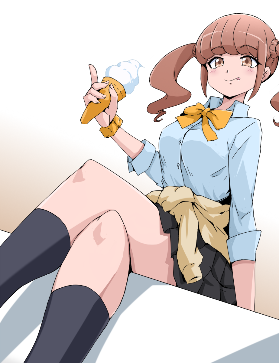 1girl, :p, arm_support, black_skirt, black_socks, blue_shirt, blush, bow