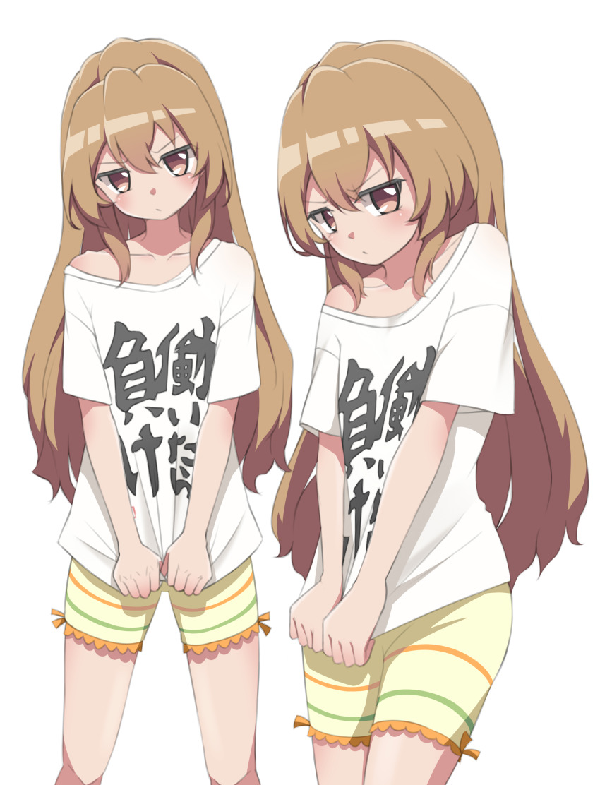 1girl, absurdres, aisaka_taiga, blush, brown_eyes, brown_hair, clothes_writing, commentary_request