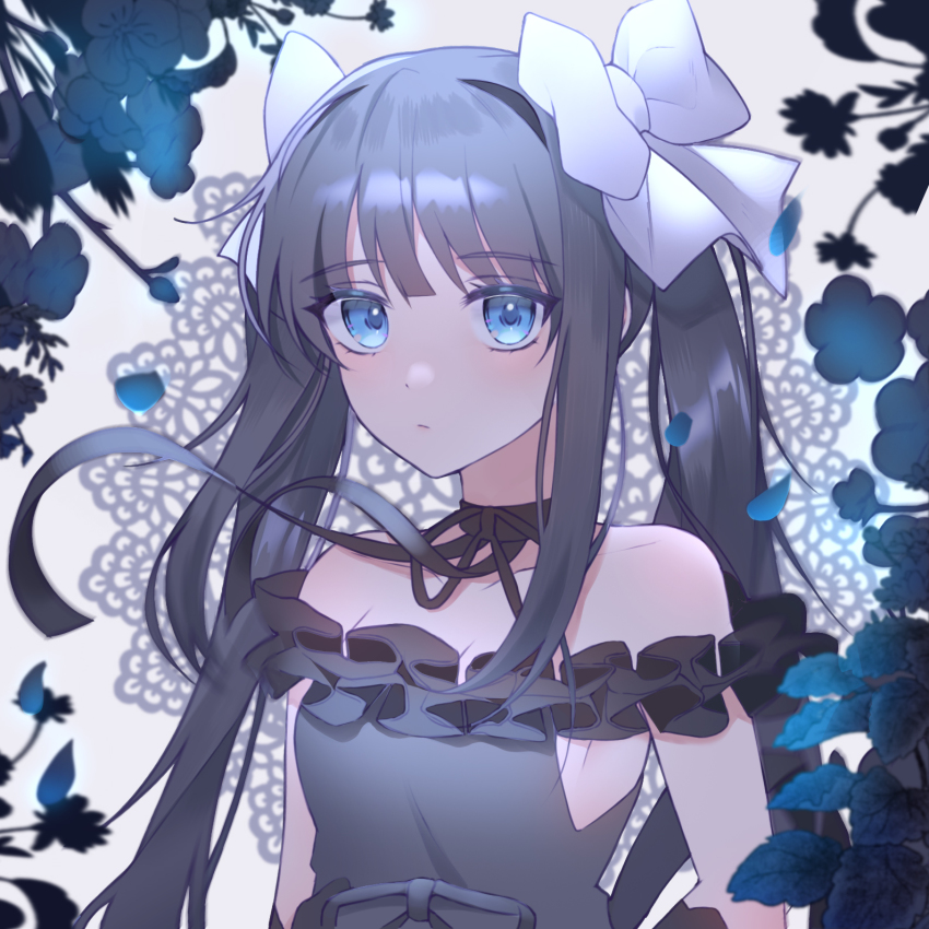 1girl, arcaea, bad_id, bad_pixiv_id, bare_shoulders, black_camisole, black_choker, black_gloves, black_hair, black_ribbon, blue_eyes, blue_flower, blunt_bangs, bow, breasts, camisole, choker, collarbone, dress, elbow_gloves, flower, gloves, hair_bow, highres, leaf, looking_at_viewer, medium_breasts, petals, ribbon, ribbon_choker, sidelocks, solo, strapless, strapless_dress, tairitsu_(arcaea), tairitsu_(sonata)_(arcaea), twintails, upper_body, white_bow, yagen_(user_mxur3238)