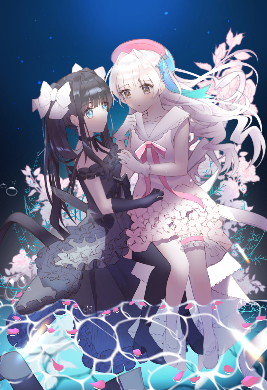 2girls, air_bubble, arcaea, bad_id, bad_pixiv_id, beret, black_dress, black_footwear, black_gloves, black_hair, black_legwear, blue_eyes, boots, bow, brown_eyes, bubble, choker, collarbone, diamond_(shape), dress, elbow_gloves, flower, frilled_dress, frilled_gloves, frilled_sleeves, frills, full_body, gem, gloves, hair_bow, hair_intakes, hair_ornament, hat, high_heel_boots, high_heels, highres, hikari_(arcaea), hikari_(fantasia)_(arcaea), looking_at_another, multiple_girls, partially_submerged, petals, petals_on_liquid, pumps, ribbon, ribbon_choker, rose, sailor_collar, shoes, tairitsu_(arcaea), tairitsu_(sonata)_(arcaea), thigh_strap, thighhighs, twintails, underwater, water_surface, white_bow, white_flower, white_footwear, white_gloves, white_hair, white_rose, yagen_(user_mxur3238)