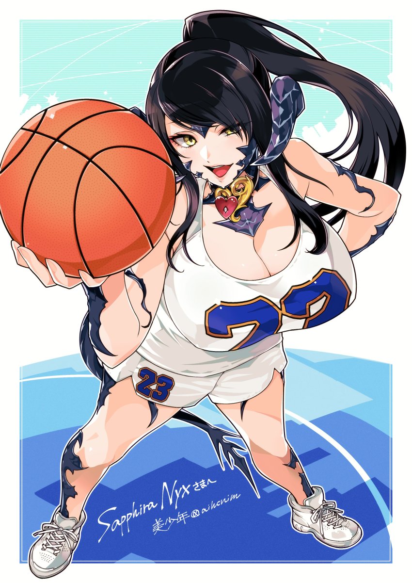 1girl, absurdres, au_ra, ball, basketball, basketball_(object), basketball_jersey, basketball_uniform, black_hair, breasts, character_name, choker, cleavage, commission, eyes_visible_through_hair, fictional_persona, final_fantasy, final_fantasy_xiv, foreshortening, from_above, highres, holding, holding_ball, large_breasts, long_hair, looking_at_viewer, minchia, ponytail, sapphira_nyx, scales, second-party_source, shorts, solo, sportswear, warrior_of_light_(ff14), yellow_eyes