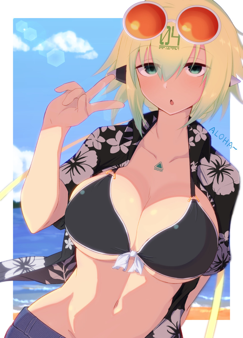 1girl, beach, bikini, black_bikini, blonde_hair, bombergirl, breasts, cleavage
