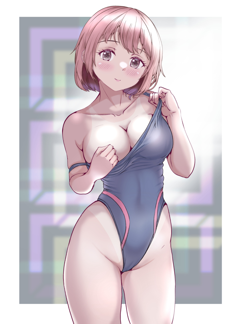 1girl, black_one-piece_swimsuit, blurry, breasts, brown_eyes, clothes_pull, competition_school_swimsuit, competition_swimsuit
