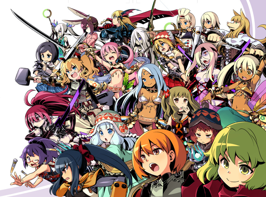 6+girls, :o, animal_ears, armor, blonde_hair, blue_eyes, blue_skirt, breasts