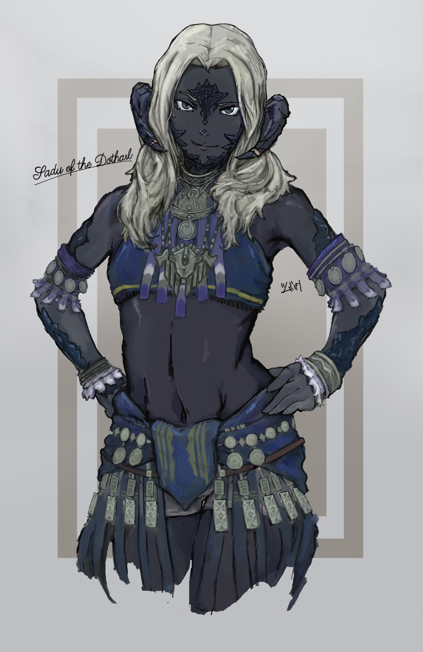 1girl, absurdres, armlet, au_ra, bad_id, bad_pixiv_id, bare_shoulders, black_horns