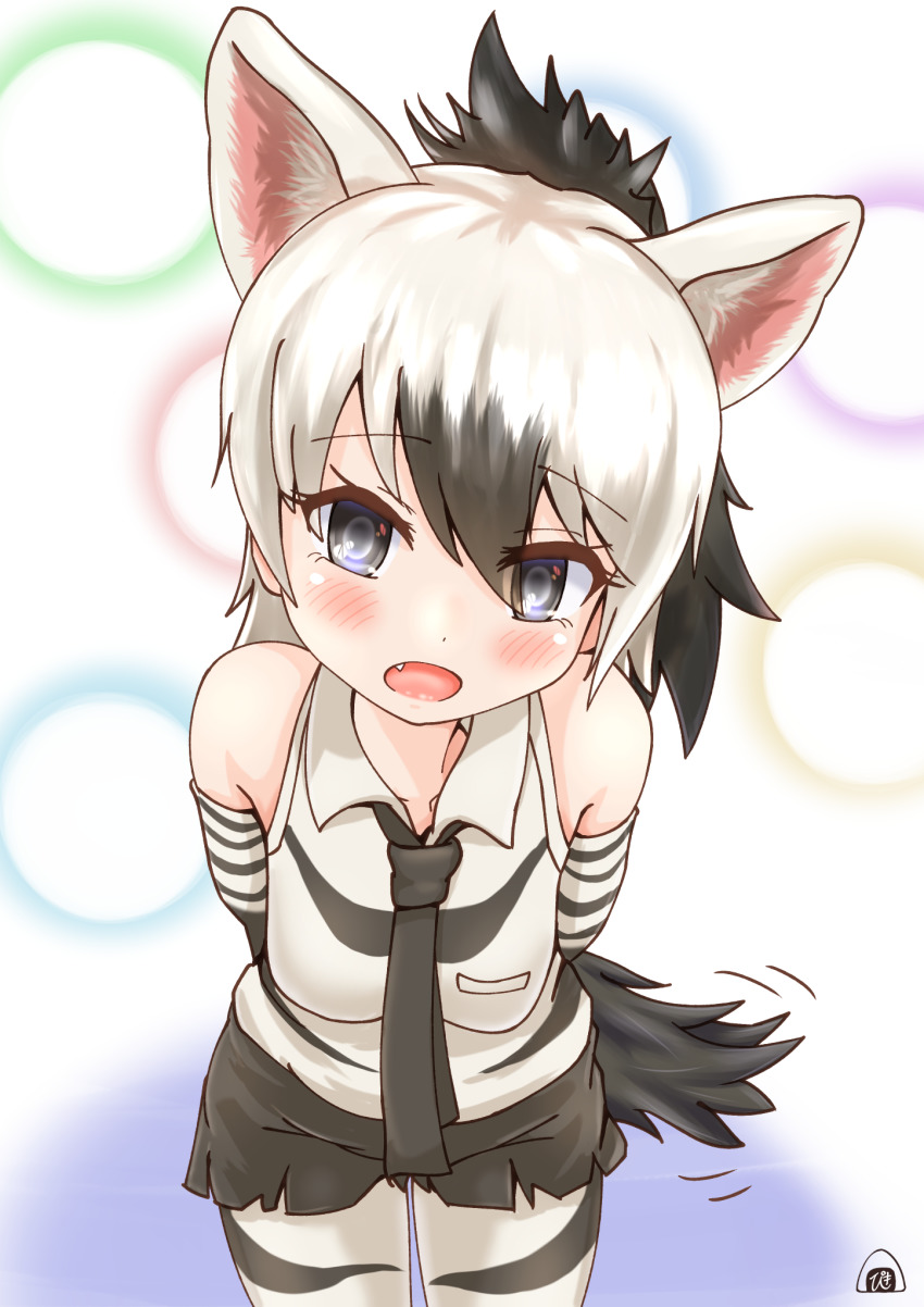 1girl, aardwolf_(kemono_friends), animal_ears, animal_print, arms_behind_back, bare_shoulders, black_hair, black_necktie