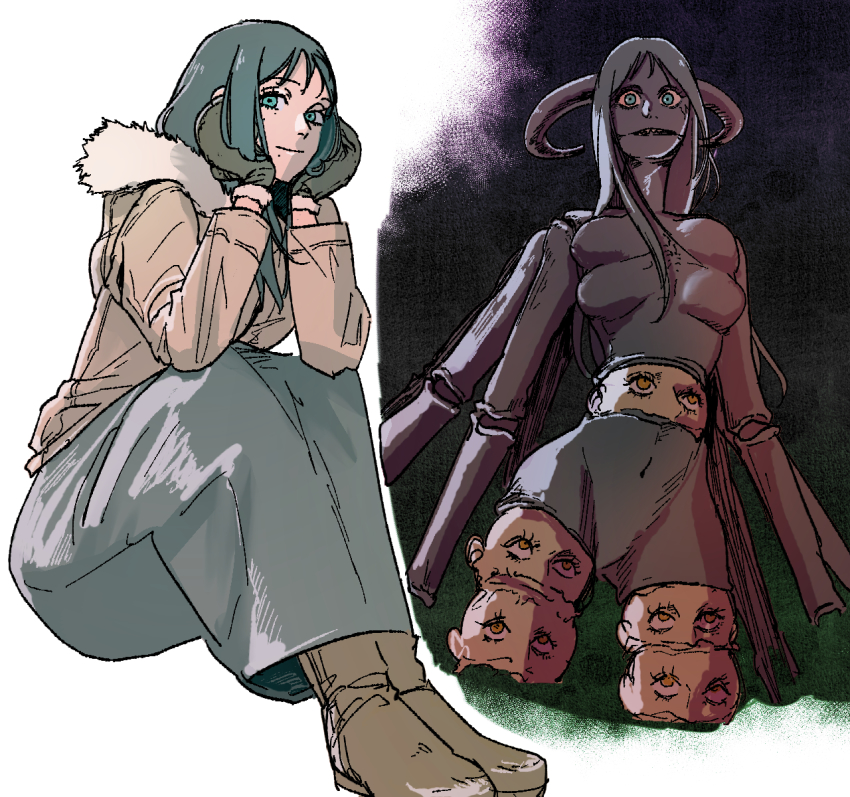 1girl, bithmath, black_hair, blue_eyes, boots, chainsaw_man, coat, demon_horns