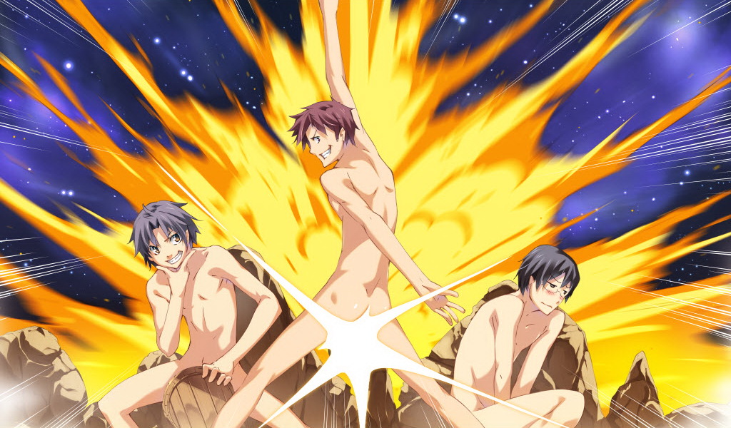 3boys, azuma_hajime, explosion, g_yuusuke, game_cg, kazusa_shinji, kiyokawa_ikuto, male_focus