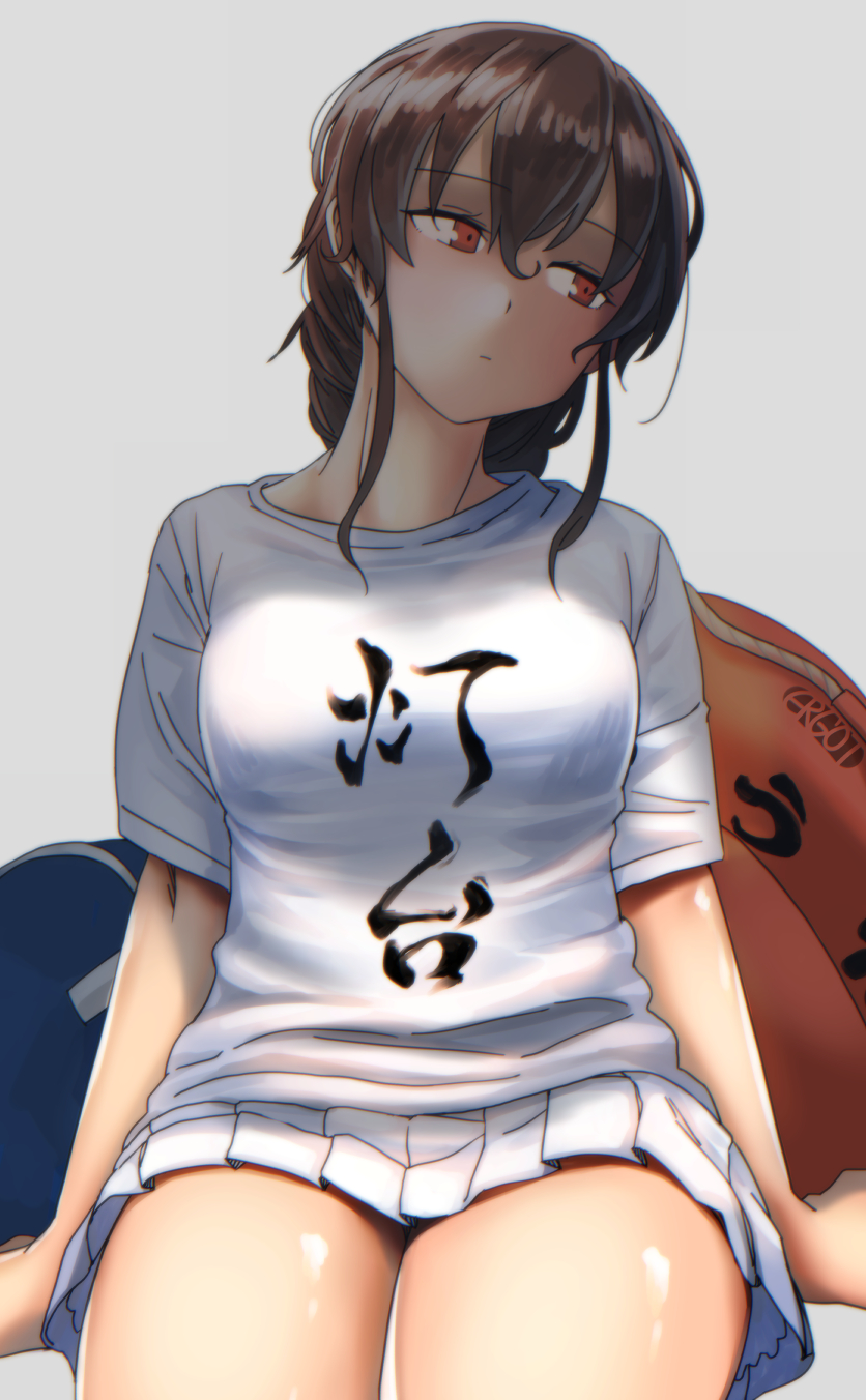 1girl, braid, brown_hair, clothes_writing, ergot, highres, kantai_collection, long_hair