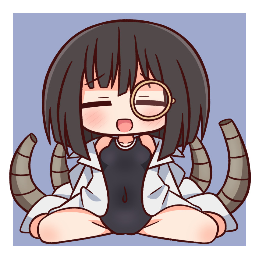 1girl, :d, bare_shoulders, black_hair, black_lilith_(sentouin_hakenshimasu!), black_one-piece_swimsuit, blue_background, blush