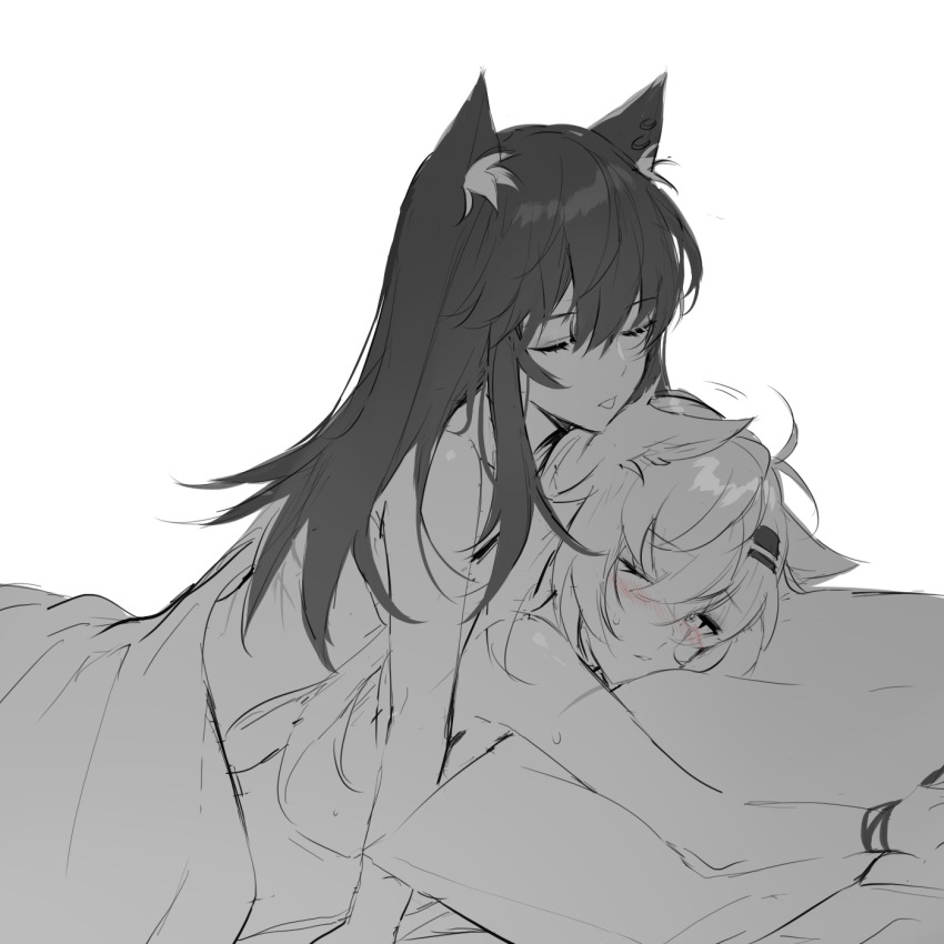 2girls, animal_ear_fluff, animal_ears, arknights, bed_sheet, blush, closed_eyes, commentary_request