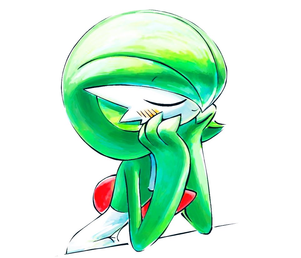 1girl, ame_(metorui), blush, bob_cut, closed_eyes, closed_mouth, colored_skin, female_focus, flat_chest, gardevoir, gen_3_pokemon, green_hair, green_skin, hair_over_one_eye, hands_up, happy, head_rest, jpeg_artifacts, leaning_forward, multicolored_skin, nintendo, pokemon, pokemon_(creature), short_hair, simple_background, sitting, smile, solo, two-tone_skin, upper_body, white_background, white_skin