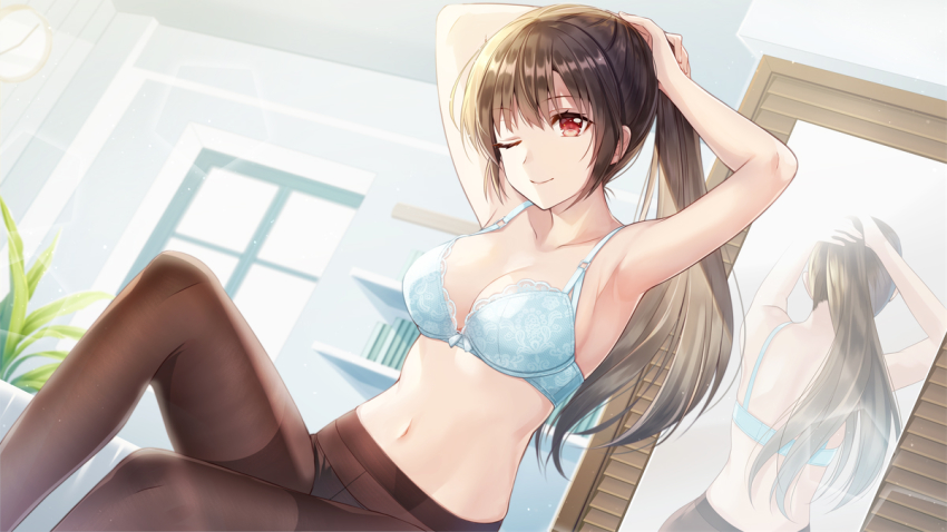 1girl, ;), armpits, arms_behind_back, arms_behind_head, arms_up, bare_arms, bare_shoulders