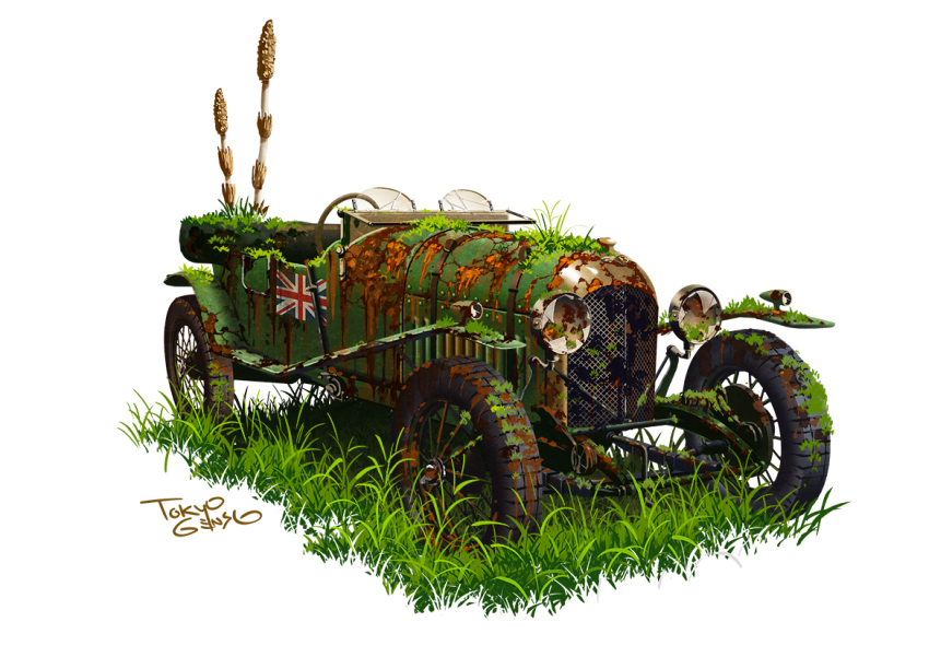 abandoned, bentley, broken_window, car, commentary_request, grass, motor_vehicle, no_humans