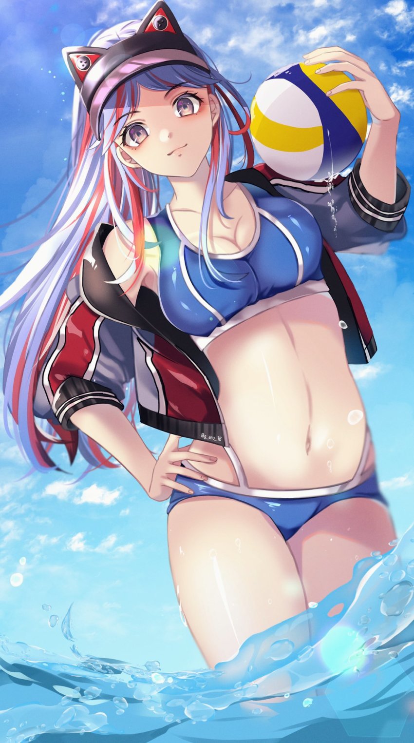 1girl, aru16, ball, bikini, blue_bikini, blue_hair, breasts, cleavage