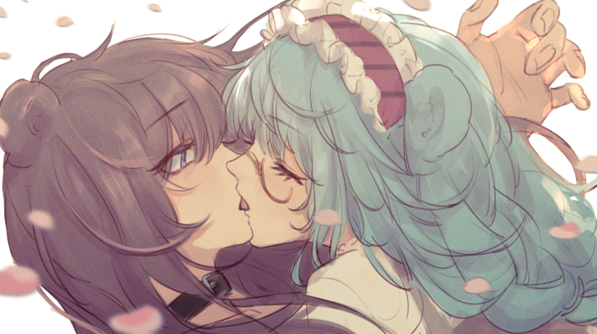 2girls, animal_ears, arknights, bear_ears, blue_eyes, blue_hair, brown_hair, closed_eyes, collar, falling_petals, french_kiss, from_side, headdress, istina_(arknights), istina_(bibliosmia)_(arknights), kiss, long_hair, looking_at_another, monocle, multiple_girls, official_alternate_costume, petals, simple_background, tongue, upper_body, white_background, ya_kexi, yuri, zima_(arknights)
