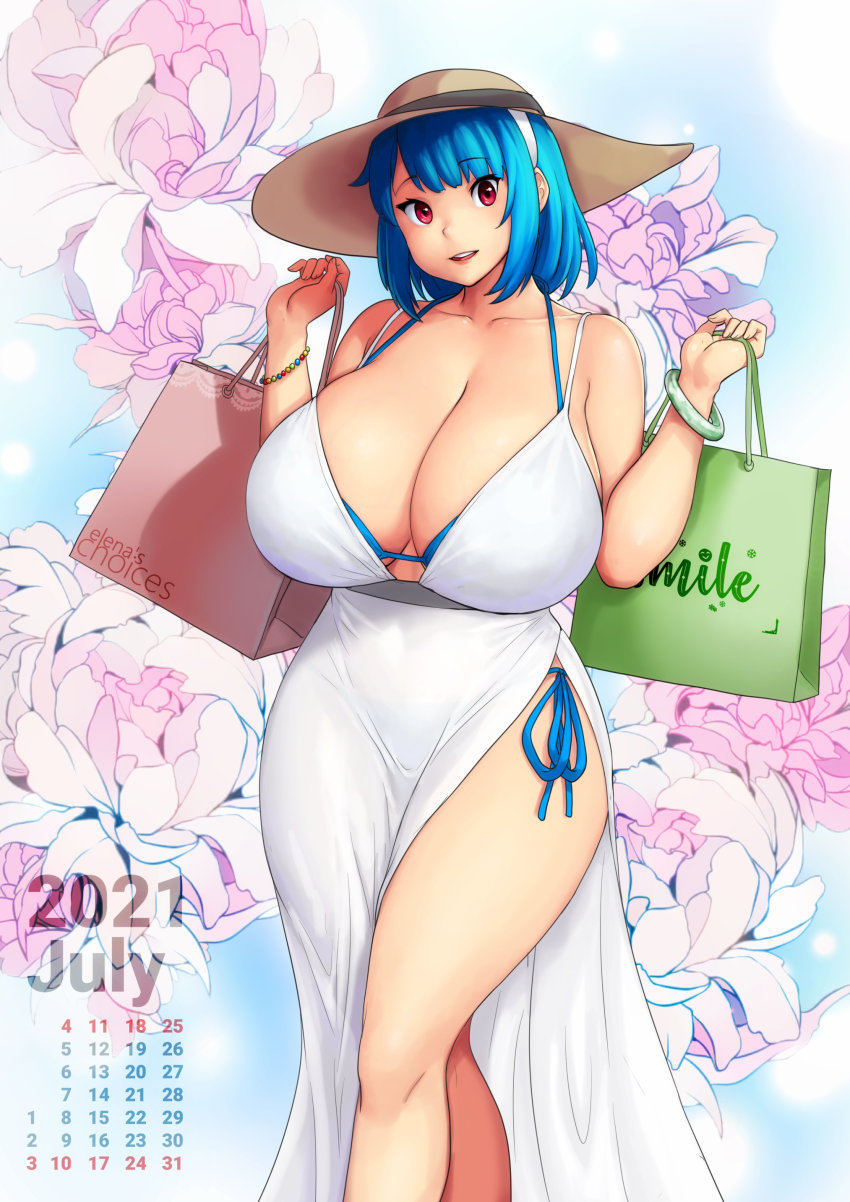 1girl, absurdres, bag, bare_shoulders, bikini, blue_bikini, blue_hair, blunt_bangs