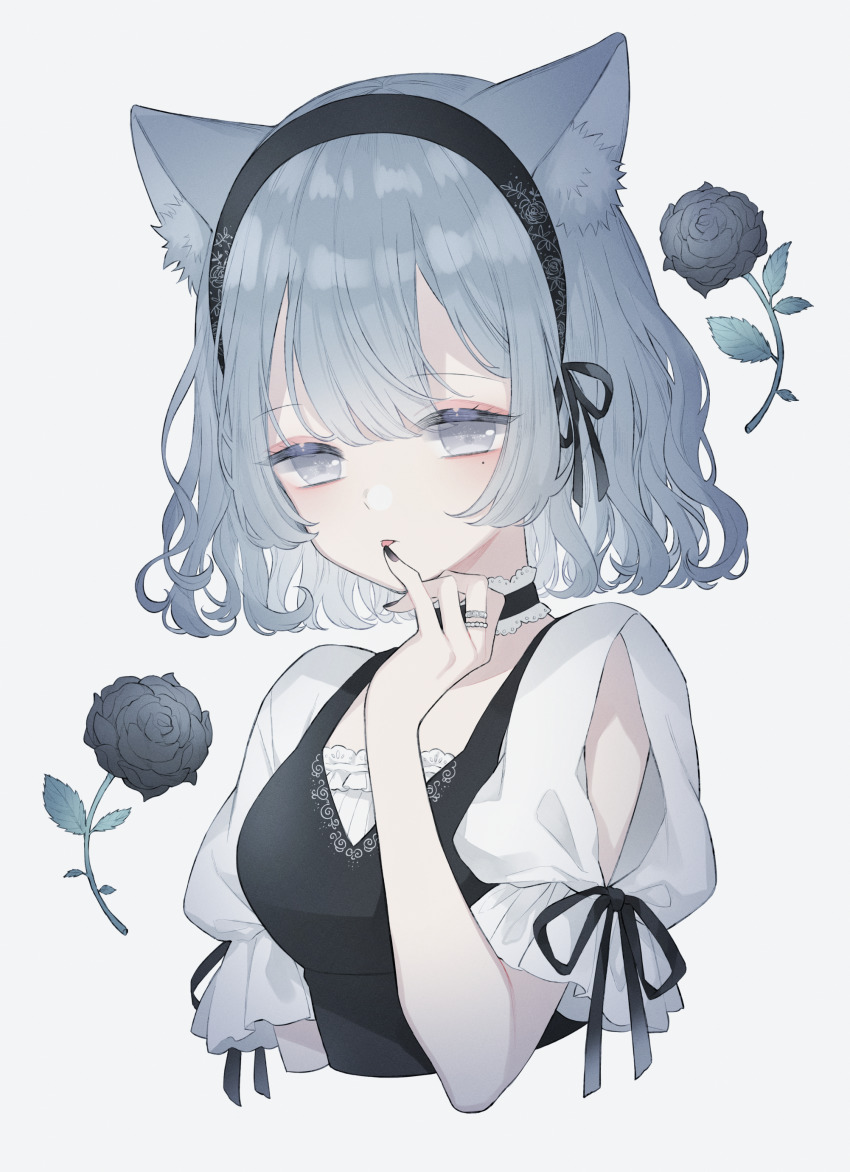 1girl, absurdres, animal_ear_fluff, animal_ears, black_collar, black_dress, black_flower, black_headband