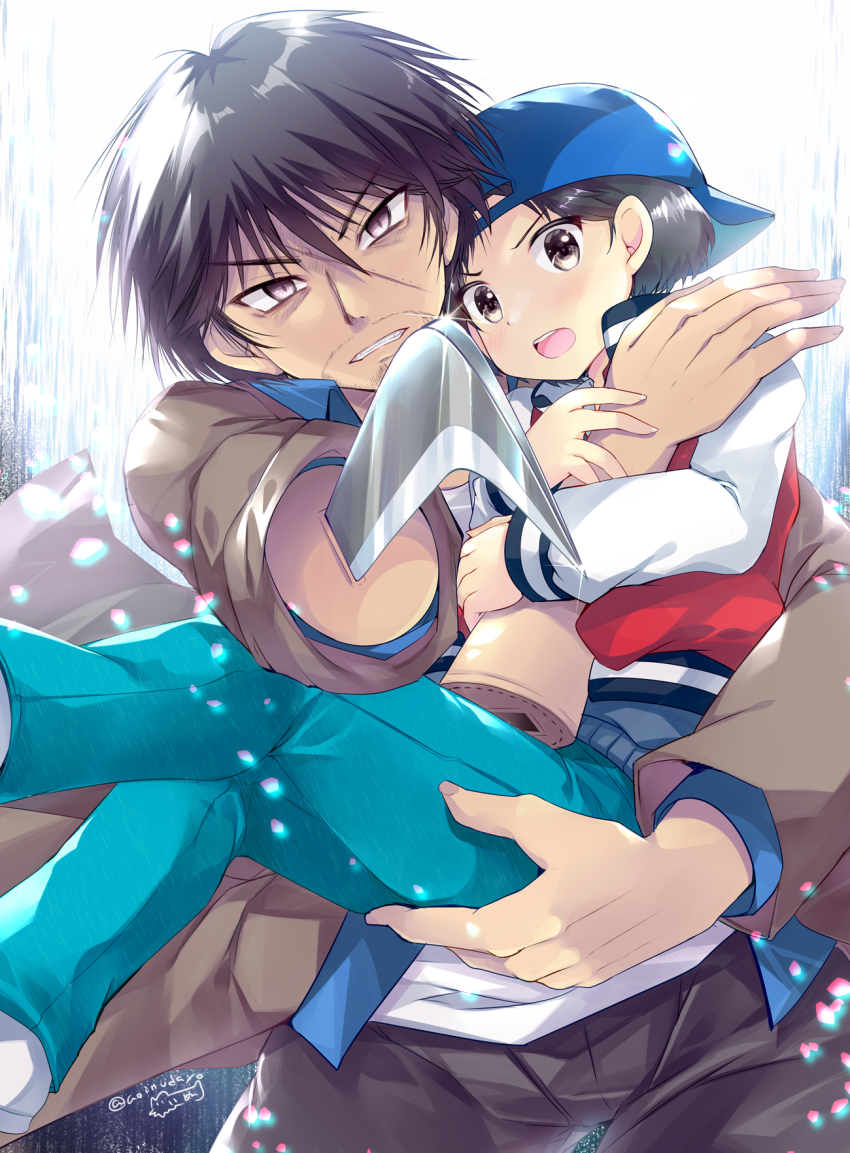 :o, aoinunu_(kamutomushi), artist_name, backwards_hat, blue_headwear, blue_pants, brown_eyes, brown_jacket