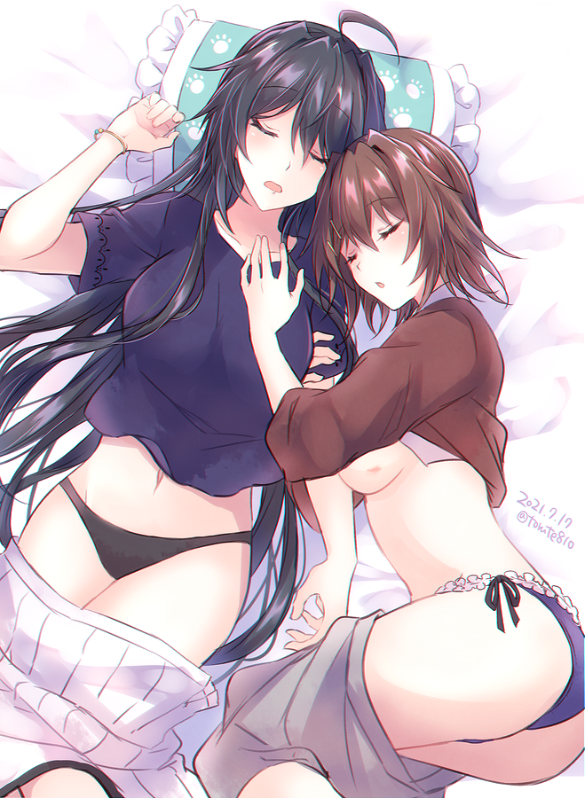 2girls, ahoge, ass, bed_sheet, black_hair, black_panties, blue_shirt, breasts, dated, drooling, furutaka_(kancolle), furutaka_(valentine)_(kancolle), grey_skirt, hair_between_eyes, hair_ornament, hairclip, kabocha_torute, kako_(kancolle), kako_(summer)_(kancolle), kantai_collection, large_breasts, long_hair, lying, medium_breasts, multiple_girls, navel, official_alternate_costume, on_back, on_side, open_mouth, panties, pillow, purple_panties, saliva, shirt, short_hair, skirt, sleeping, twitter_username, underboob, underwear, white_skirt