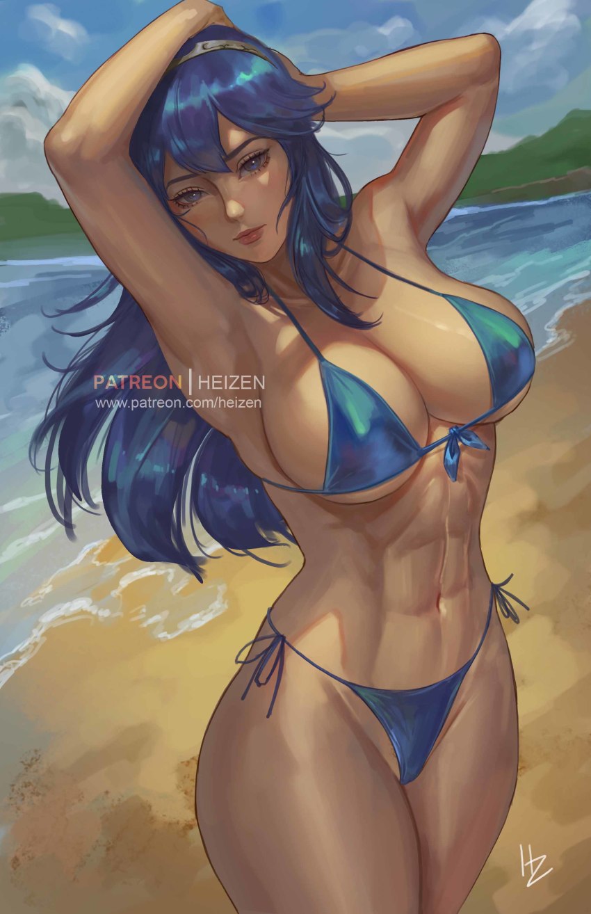 1girl, abs, absurdres, alternate_breast_size, alternate_costume, armpits, artist_name, beach, bikini, blue_bikini, blue_eyes, blue_hair, breasts, cleavage, female_focus, fire_emblem, fire_emblem_awakening, front-tie_bikini_top, front-tie_top, hairband, heizen, highres, large_breasts, lips, long_hair, looking_at_viewer, lucina_(fire_emblem), matching_hair/eyes, nintendo, ocean, patreon_username, side-tie_bikini_bottom, sideboob, signature, solo, standing, swimsuit, tiara, toned, underboob, watermark, web_address