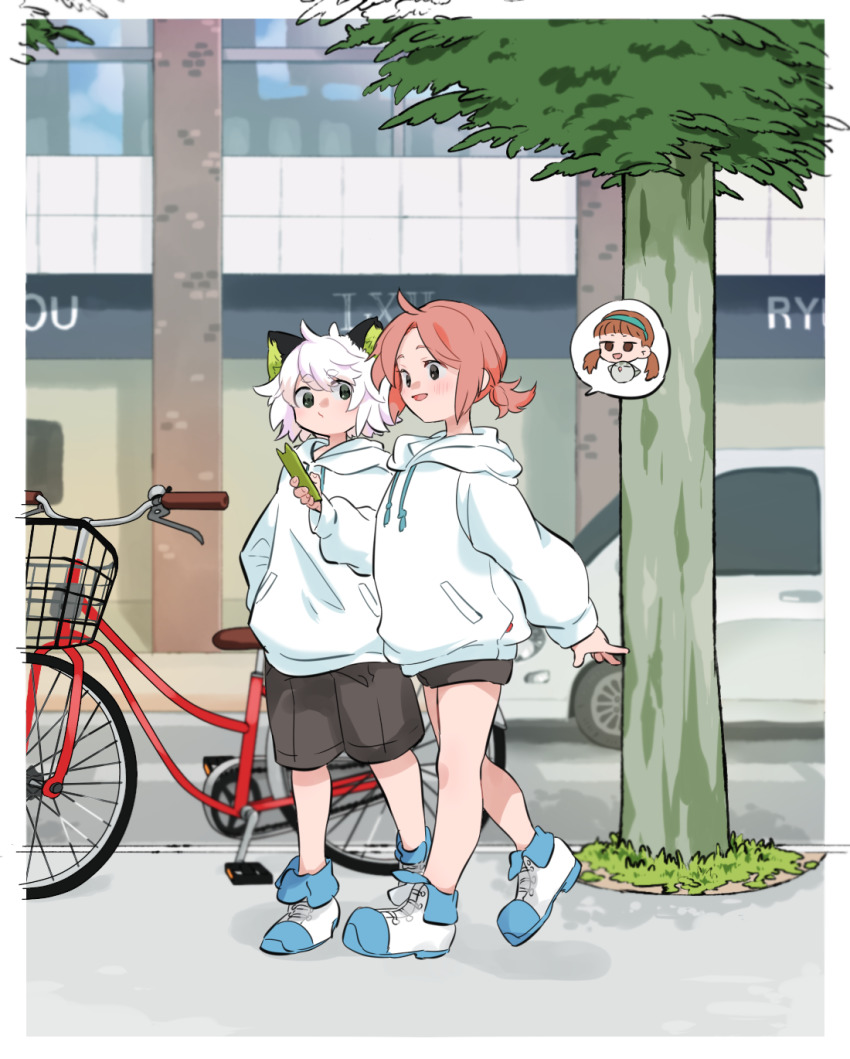 1boy, 1girl, bicycle, black_shorts, blush, brown_hair, building, car