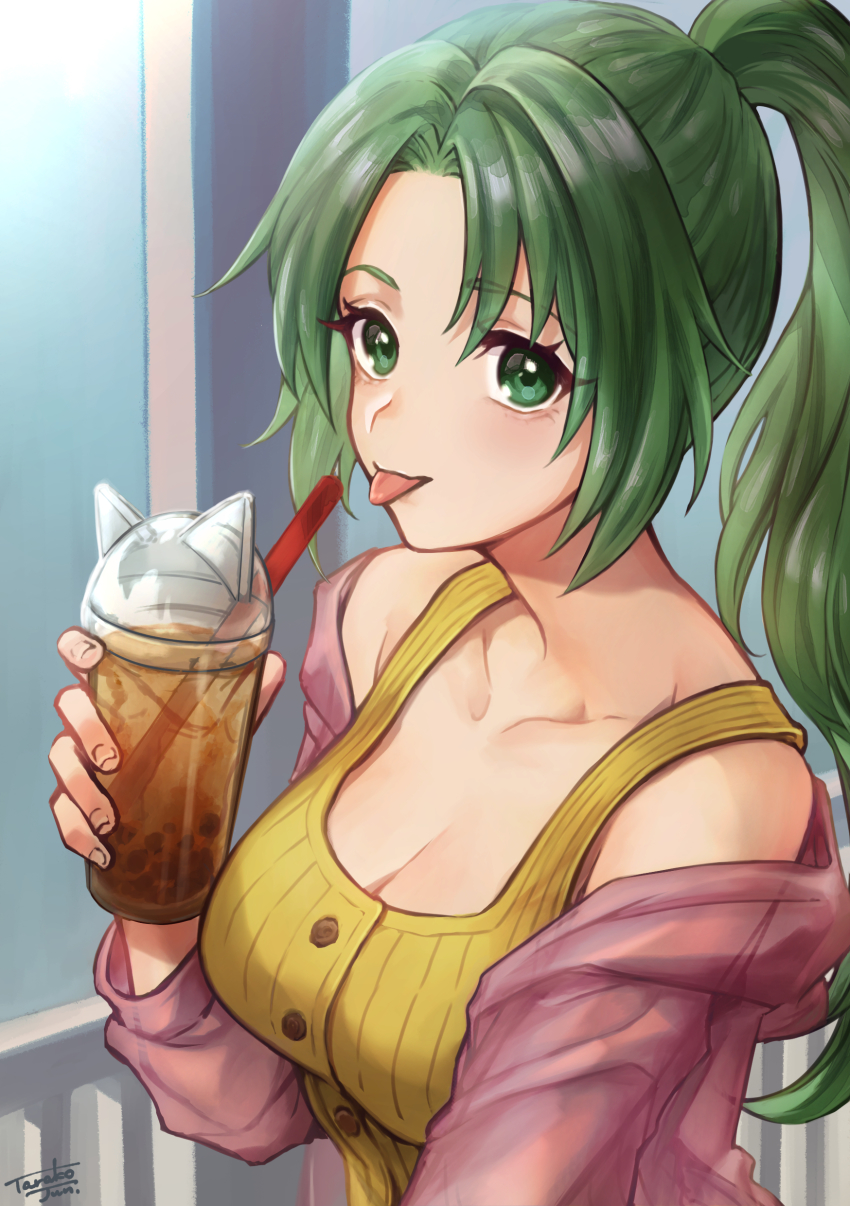 1girl, absurdres, bubble_tea, collarbone, dress_shirt, drinking_straw, green_eyes, green_hair