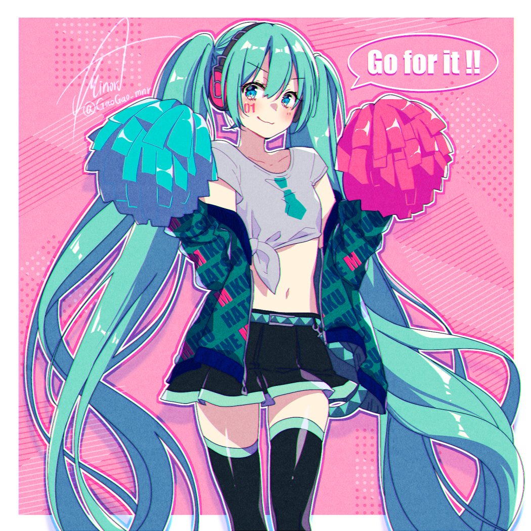 1girl, adapted_costume, aqua_belt, aqua_hair, asagao_minoru, belt, black_skirt, black_thighhighs, blue_eyes, border, character_name, closed_mouth, collarbone, contrapposto, dot_nose, english_text, facepaint, feet_out_of_frame, flat_chest, green_jacket, grey_shirt, hair_between_eyes, hands_up, hatsune_miku, headphones, holding, holding_pom_poms, jacket, legs_together, light_blush, long_hair, loose_belt, midriff, navel, necktie_print, number_tattoo, open_clothes, open_jacket, outline, pink_background, pink_outline, pleated_skirt, polka_dot, polka_dot_background, pom_pom_(cheerleading), pom_poms, repeating_writing_print, shiny_clothes, shiny_legwear, shiny_skin, shirt, short_sleeves, side-tie_shirt, sideways_glance, signature, simple_background, skirt, smile, solo, speech_bubble, striped_background, tareme, tattoo, clothes_writing, thighhighs, twintails, twitter_username, unmoving_pattern, unworn_jacket, very_long_hair, vocaloid, wavy_mouth, white_border, white_outline, zettai_ryouiki, zipper