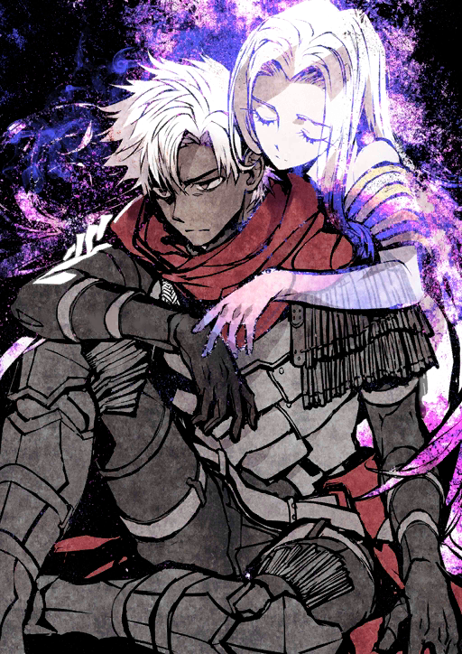 1boy, 1girl, akira_(kaned_fools), armor, assassin_class_(fate), boots, brown_eyes, cloak