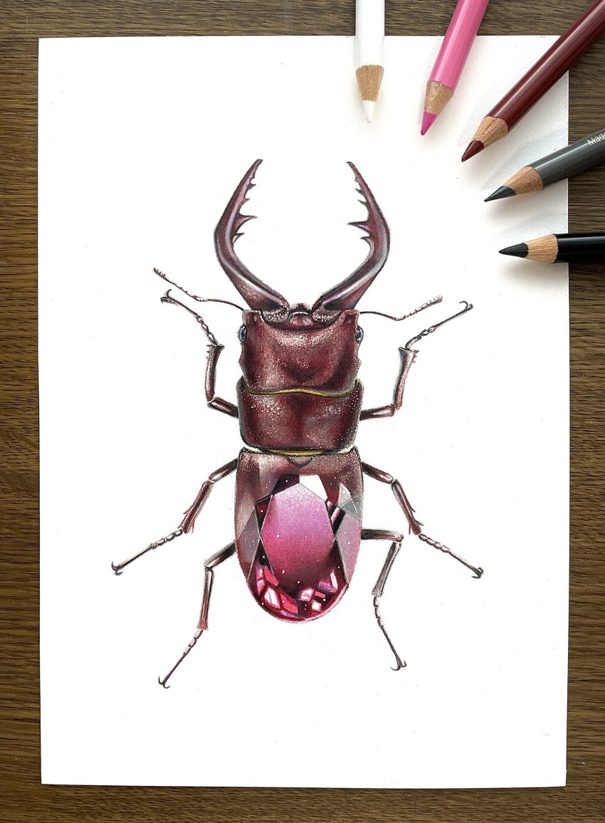 abe_yuichiro, animal_focus, art_tools_in_frame, beetle, bug, colored_pencil_(medium), commentary_request, gem