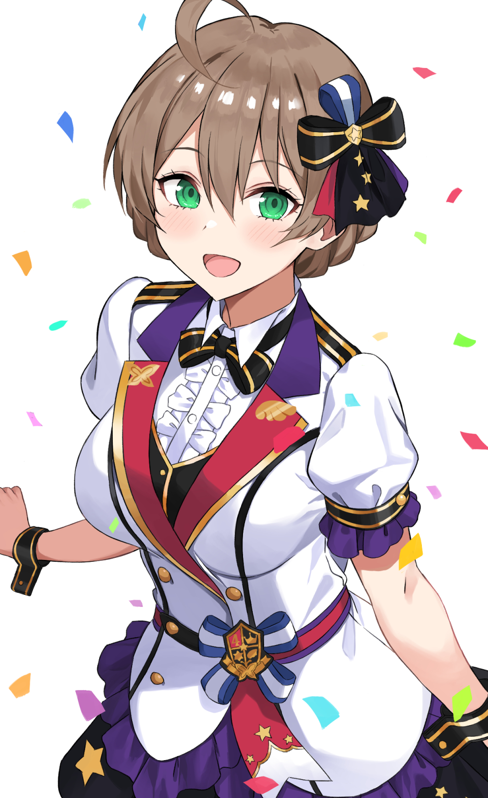 1girl, :d, ahoge, black_bow, black_bowtie, black_ribbon, black_skirt, blue_ribbon