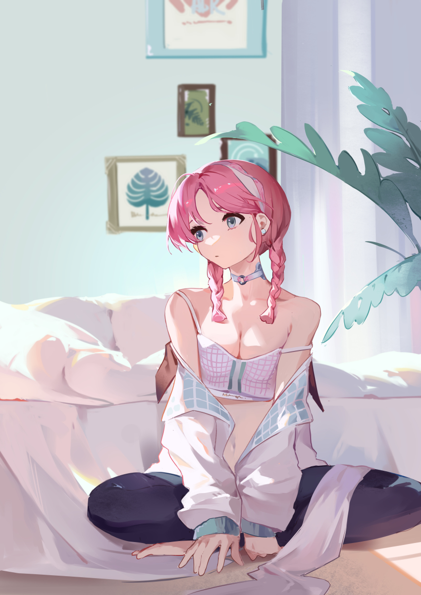 1girl, absurdres, acr_(dash), arknights, bare_shoulders, bed, bedroom, black_legwear, blue_eyes, blue_poison_(arknights), blue_poison_(shoal_beat)_(arknights), bra, braid, breasts, choker, cleavage, earrings, hairband, highres, indian_style, indoors, jacket, jewelry, long_sleeves, looking_at_viewer, looking_away, looking_to_the_side, medium_hair, midriff, navel, o-ring, o-ring_choker, off_shoulder, official_alternate_costume, open_clothes, open_jacket, parted_bangs, pink_choker, pink_hair, plant, single_earring, sitting, small_breasts, solo, sports_bra, stomach, strap_slip, twin_braids, underwear, white_bra, white_jacket