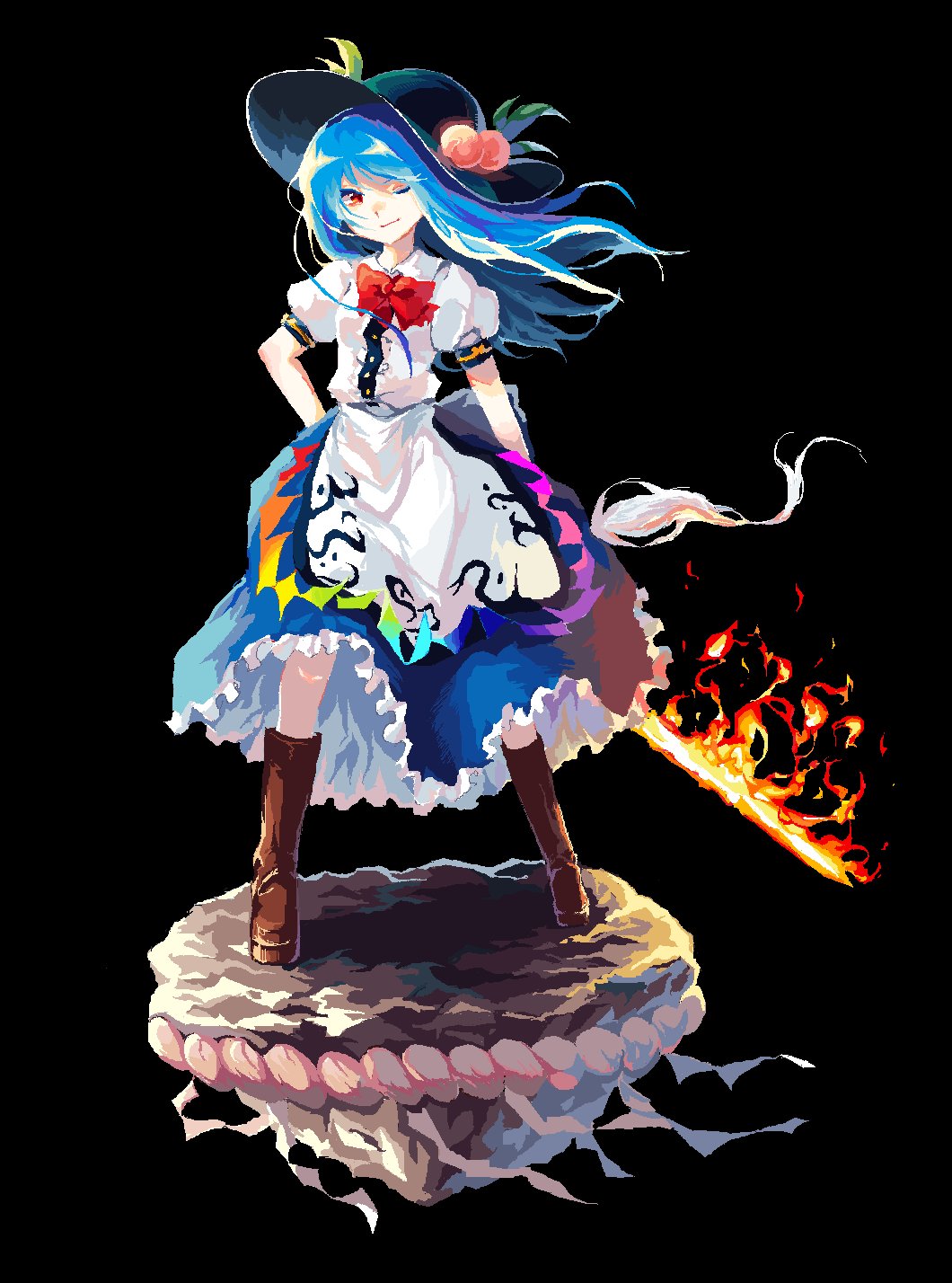1girl, ;), black_background, black_headwear, blouse, blue_hair, blue_skirt, boots