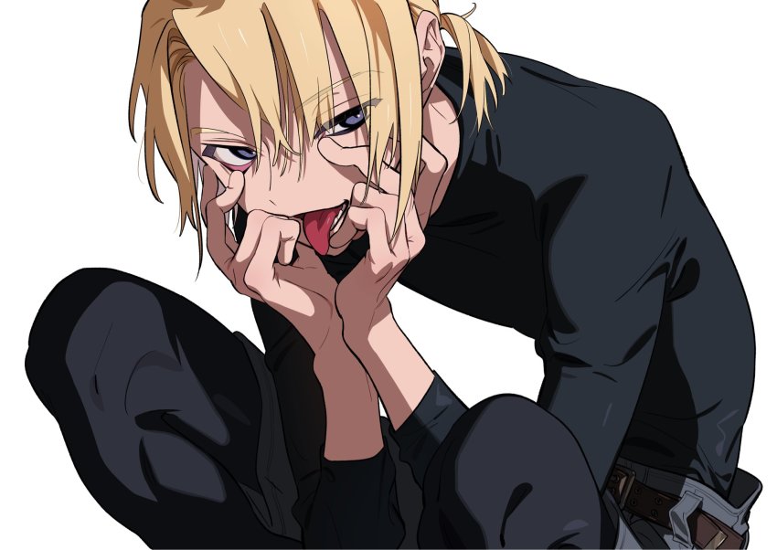 akanbe, belt, blonde_hair, blue_eyes, eyelid_pull, hands_on_own_face, highres, leaning_forward