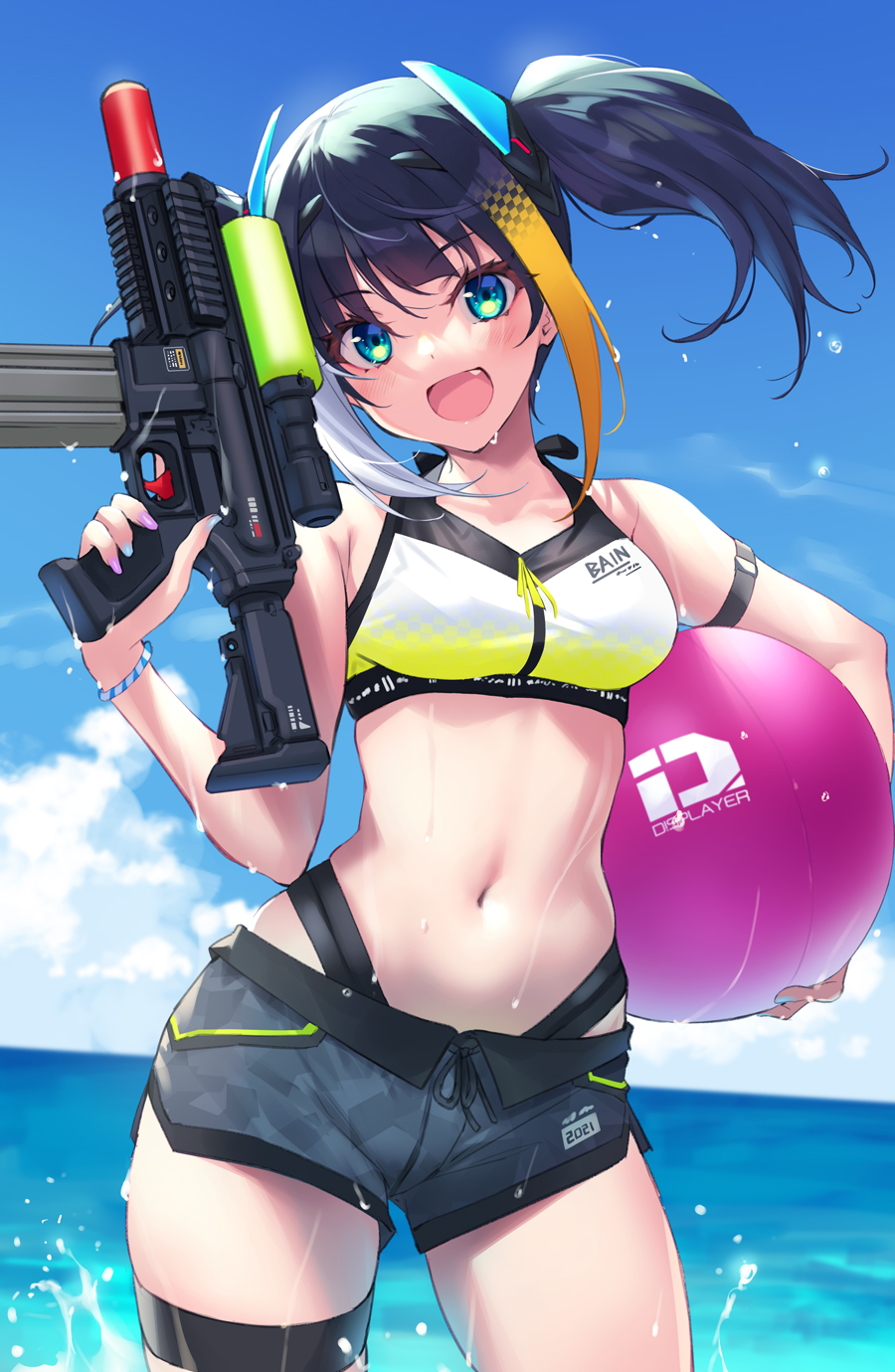 1girl, :d, aqua_eyes, ball, bare_arms, beachball, bikini, bikini_under_clothes