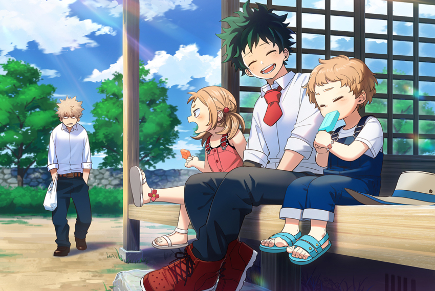 1girl, 3boys, annoyed, bakugou_katsuki, blonde_hair, blue_footwear, boku_no_hero_academia, boku_no_hero_academia:_heroes_rising