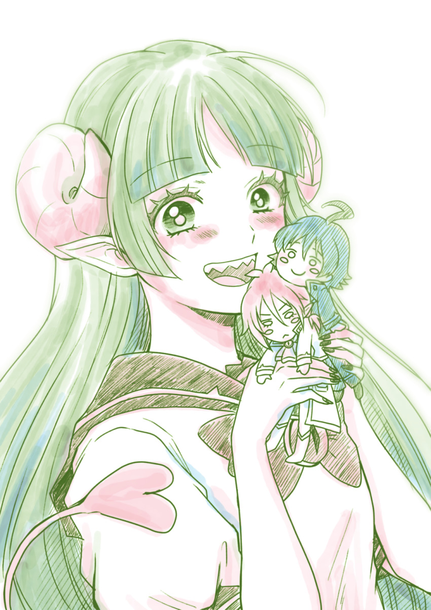 1girl, asmodeus_alice, bow, bowtie, character_doll, curled_horns, doll, green_hair, hachicoro93, highres, holding, holding_doll, horns, long_hair, looking_at_viewer, mairimashita!_iruma-kun, pointy_ears, school_uniform, sharp_teeth, solo, suzuki_iruma, tail, teeth, upper_body, valac_clara