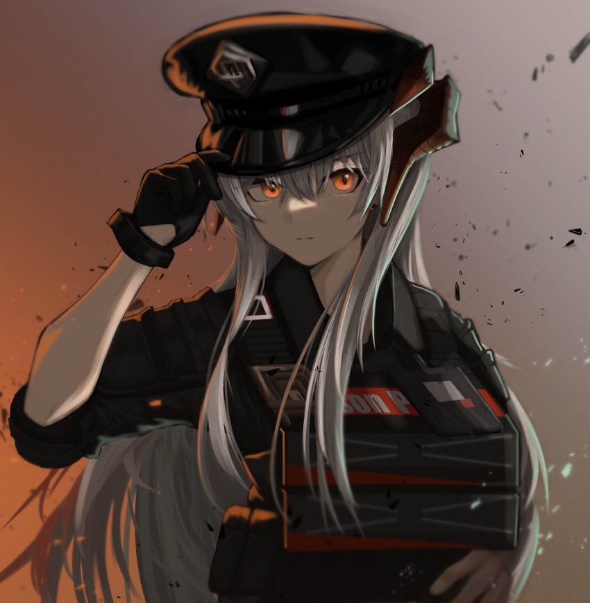 1girl, absurdres, adjusting_clothes, adjusting_headwear, arknights, black_gloves, black_hat, black_shirt
